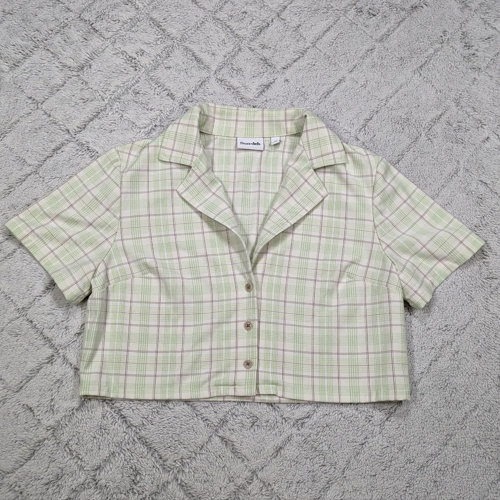 Aritzia Sunday Best Shirt Women's M Green Plaid Tuesday Crop Button Notch Collar